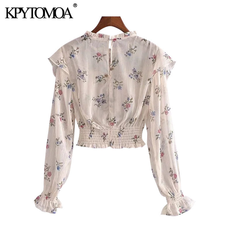 Women Fashion Floral Print Ruffled Cropped Blouses Long Sleeve Smocked Hem Female Shirts Blusas Chic Tops 210420