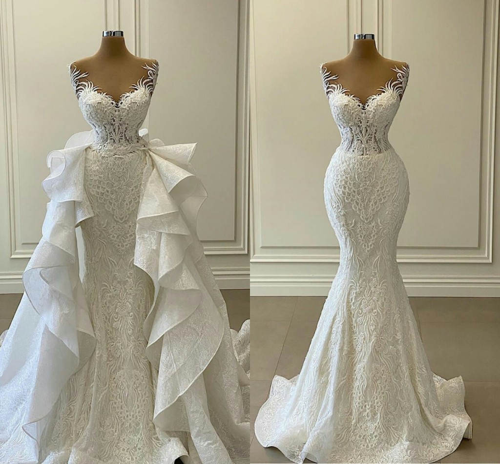2021 White Mermaid Wedding Dresses with Detachable Train Ruffles Lace Appliqued Bridal Gowns Plus Size Vestidos de novia