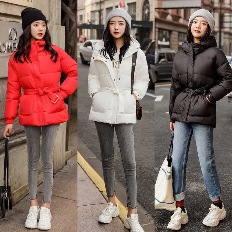 Women Autumn Winter Jacket With Belt Cotton Parkas Hooded Slim Short Jacket White Red Pink Black 211007wtt