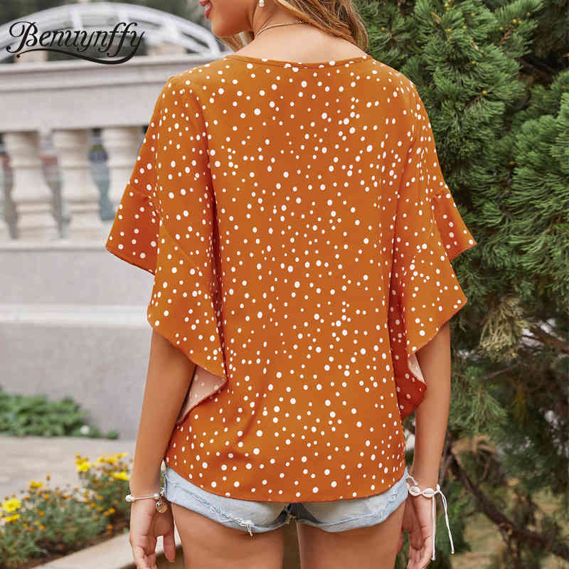 Tie Neck Ruffle Sleeve Polka Dot Chiffon Blouse Women Summer Short Loose Korean Female Tops and Blouses 210510