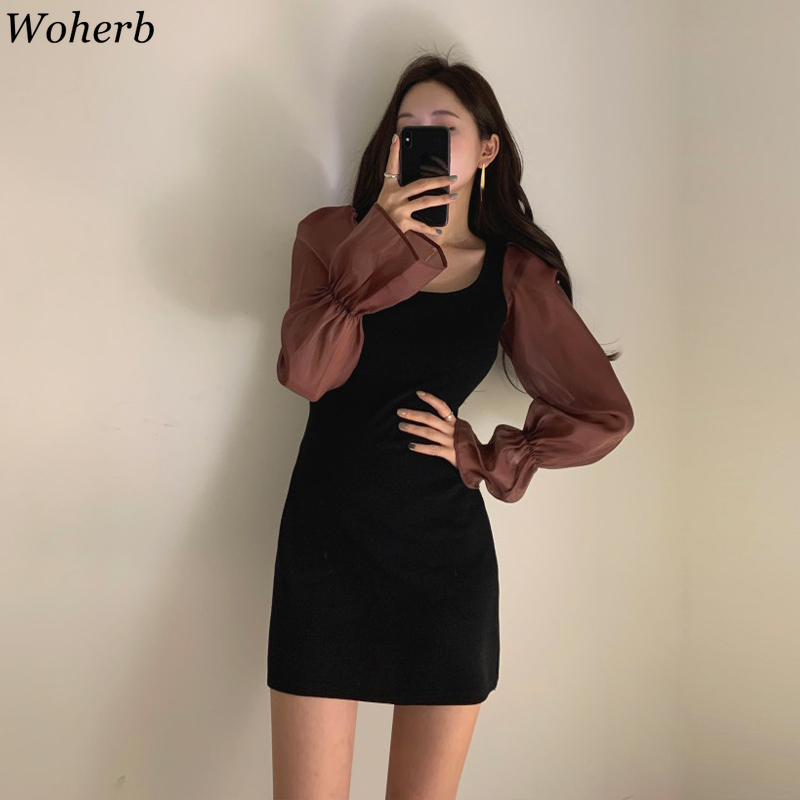Women Dress Korean Clothes Puff Less Square Collar Slim Fit Vestidos Sweet Solid Robe High Waist Mini Dresses 92667 210422