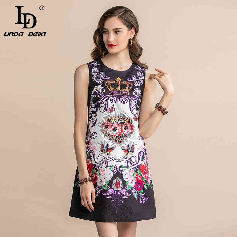 Summer Fashion Runway Mini Short Dress Women's Sleeveless Black Jacquard Floral Print Loose Elegant Vintage 210522