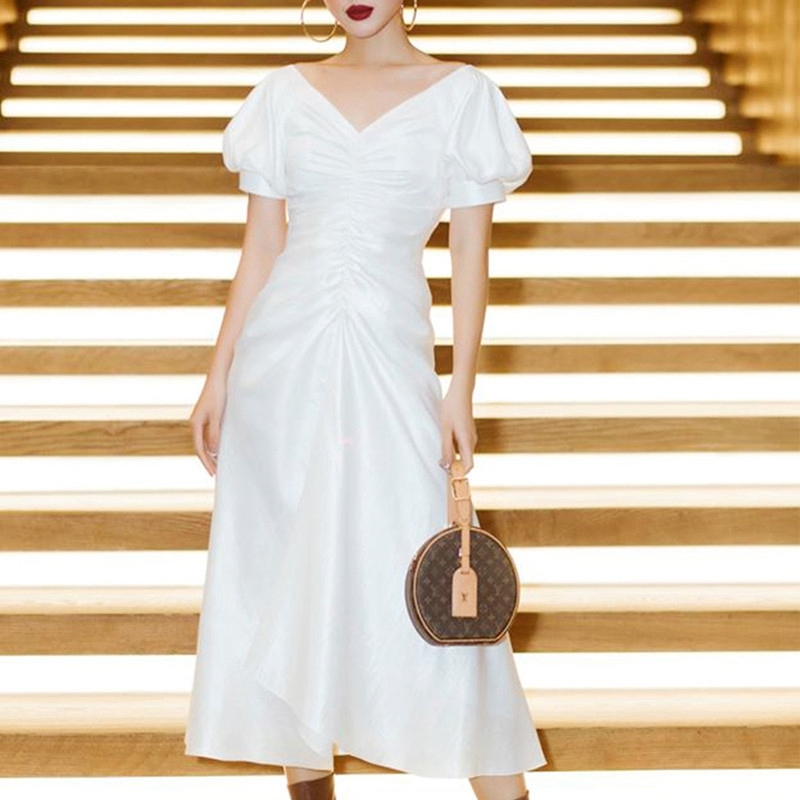 High Quality Casual Elegant Women Sexy V-neck White Dress Summer Fashion Short Sleeve French Vintage Party 210506