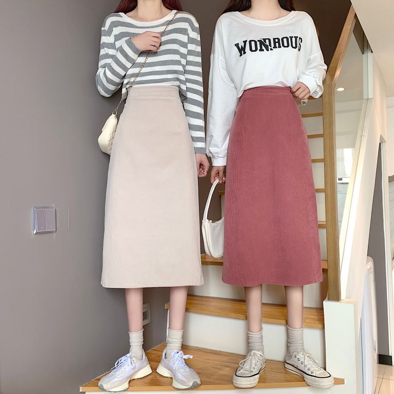 Autumn Spring High Waist Mid-Length Corduroy Skirt Women A-Line Korean Style Mujer Faldas 210520