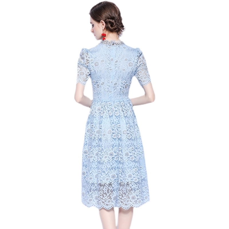 Fashion Runway Summer Dress Robe Women's Short Sleeve Lace Hollow Out Pleated Dresses Vestidos 210520