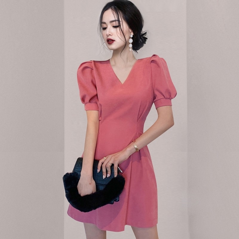 Women's Dress Summer Temperament Elegant V-Neck Puff Sleeve Vintage OL Female Slim Waist A-Line Mini 210519