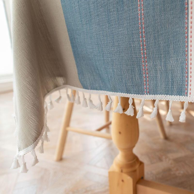 Home Striped Linens Cotton Tablecloth Tassel Protection Table Dinner Party Embroidered Banquet Cover Decorations Cloth