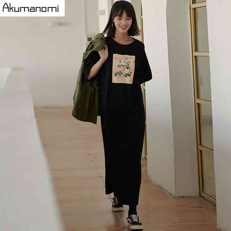 Cotton Tops Plus Size 7xl 6xl 5xl 4 Xxxl Black Maxi T Shirt Dress Women Summer Party Vintage Straight Casual Double Slit Dresses 210409