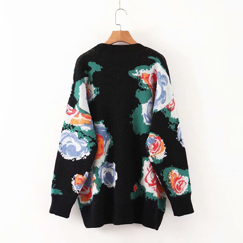Vintage Chic Women Floral Print Sweaters Fashion Elegant Ladies Black O-Neck Pullovers Casual Jumpers for Girls 210520