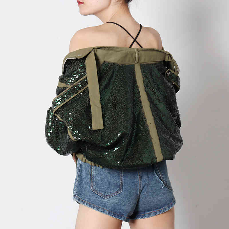 VGH Splicing Sequined Jacket For Women Turtleneck Long Sleeve Streetwear Casual Jackets Female Fashion New Clothing Style 210421