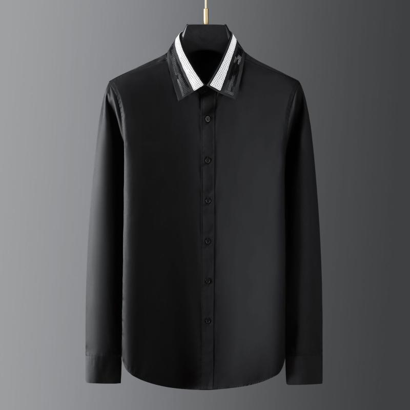Minglu Long Sleeve Male Shirts Luxury Black And White Sequin Collar Casual Mens Dress Fashion Slim Fit Party Man Men's
