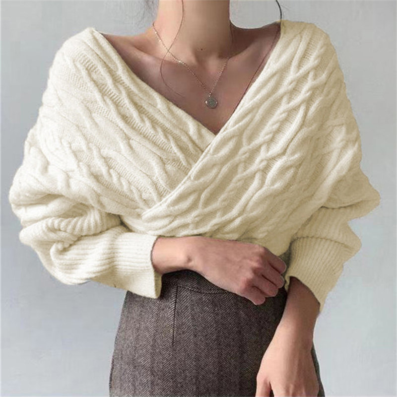 Office Lady Tops Elegant Solid Streetwear V-Neck Sexy Outwear Twist Knitted Vintage High Waist Leisure Sweaters 210421