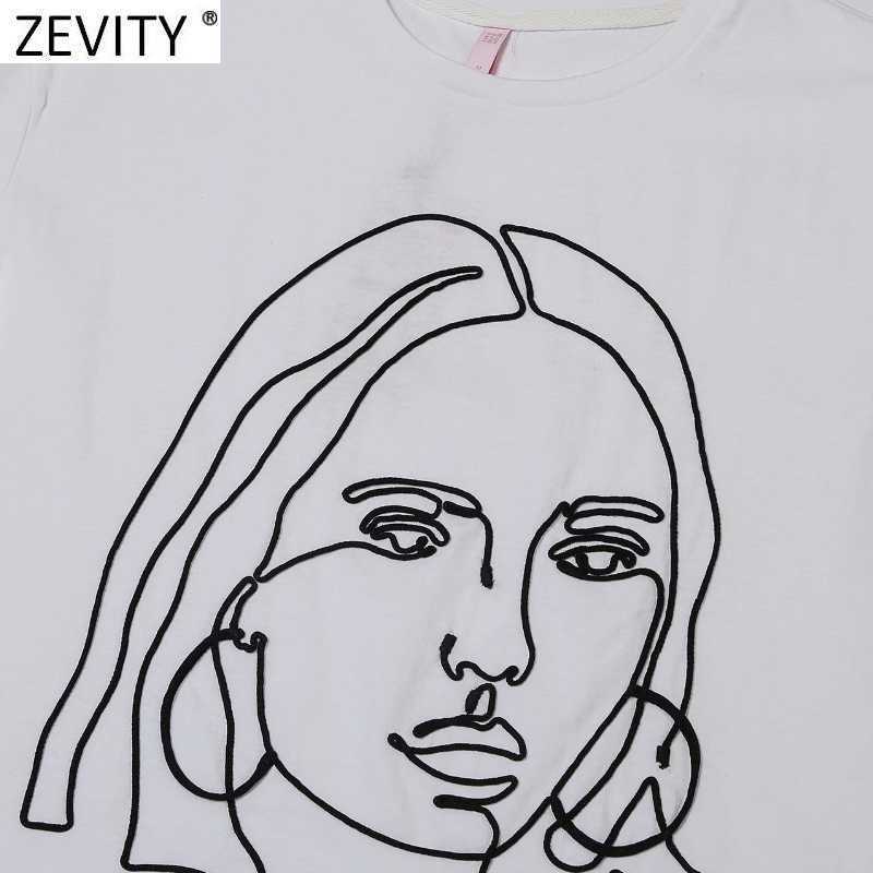 Zevity Women Simply Beauty Head Sculpture Appliques Casual Slim White T-shirt Female Chic Basic Knitting Summer Tops T692 210603