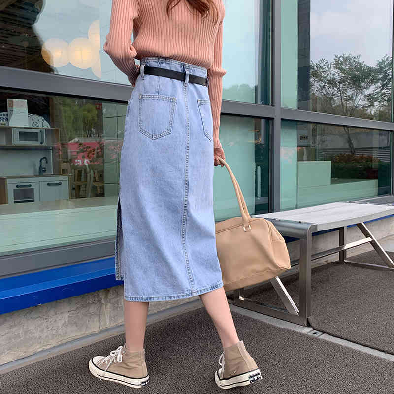 S-XL 2Color Long Denim Skirt korean style Side Split High Waist Midi Skirts Women split Jean Skirt Style Saia Jeans (72856 210423