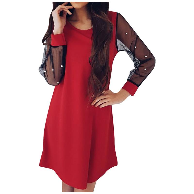 Women Fashion Puff Sleeve Mesh Beaded Slim Long Solid Colors Dress Sexy Elegant Evening Party Club Vestidos#g3 Casual Dresses