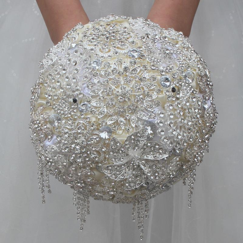 Luxury Handmade Diameter 18CM Wedding Bouquet Silver Plated Crystal Rhinestone Brooches Jewelry Bridal Hand Flower Decorative Flowers & Wrea