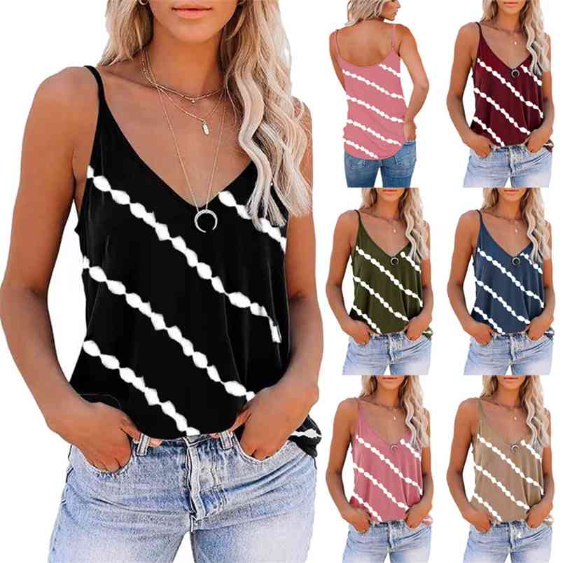 

Summer Sexy Adjustable Backless Camisole Tank Top V-neck Sleeveless Diagonal Stripe Print Casual Loose Women Plus Size 210604, Army green