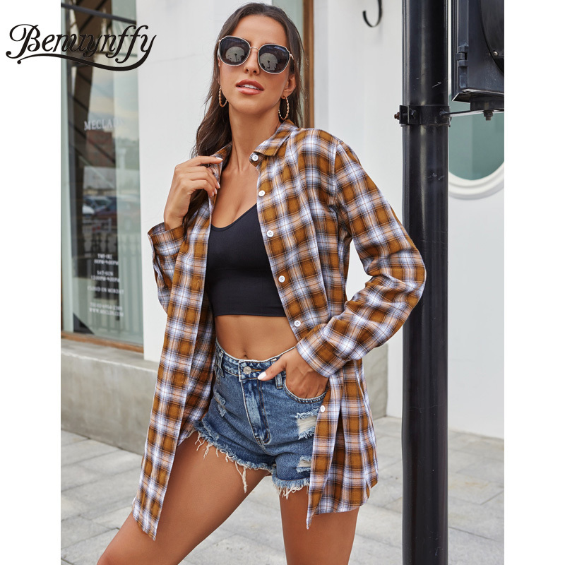 Autumn Winter Women Fashion Long Plaid Shirt Button Up Lapel Sleeve Woman Shirts Outwear Casual Tops Blouses 210510