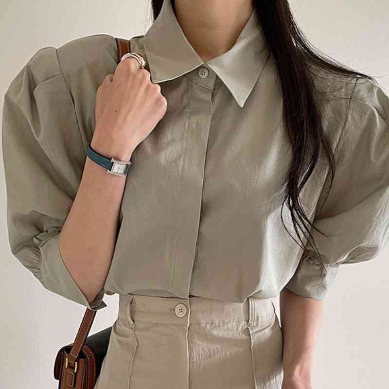 Nomikuma Korean Elegant Turn-down Collar Women Tops Fashion Puff Sleeve Blouse Shirt Summer Solid Blusas Feminimos 6H519 210427