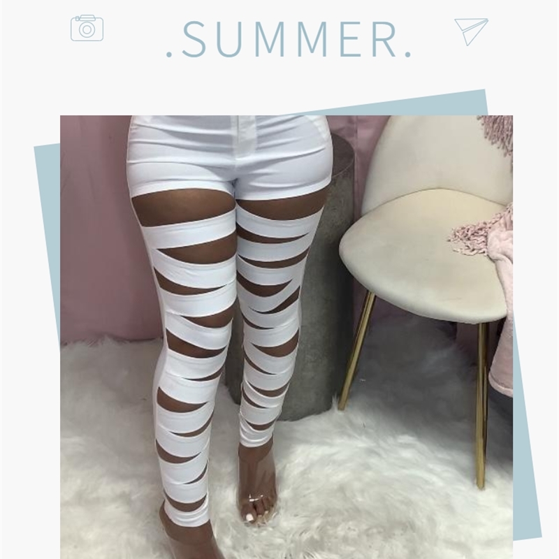 Women High Waist Ripped Hollow Out Bodycon Pencil Pants 210702