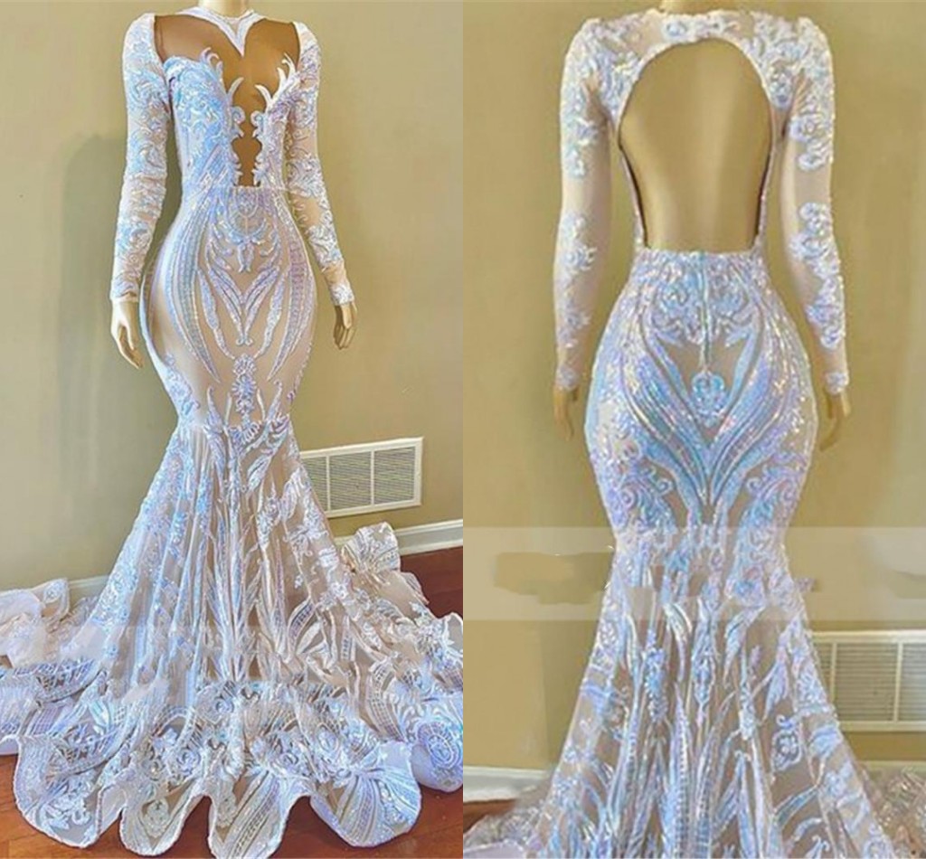 Arabic Aso Ebi Prom Dresses Sequined Lace Long Sleeves Backless ruffles sweep train Mermaid African black girls Evening Dress Wear robes