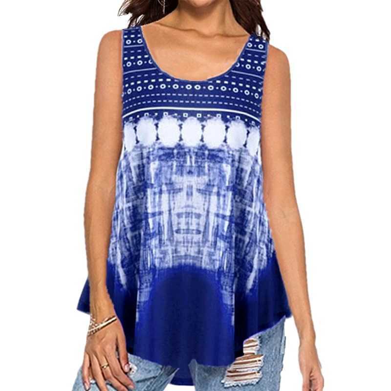 Bohemian Vintage Tops Women Geometric Striped Print Sleeveless Tank Top Summer Round Neck Gradient Blue Oversize Loose Vest 210604