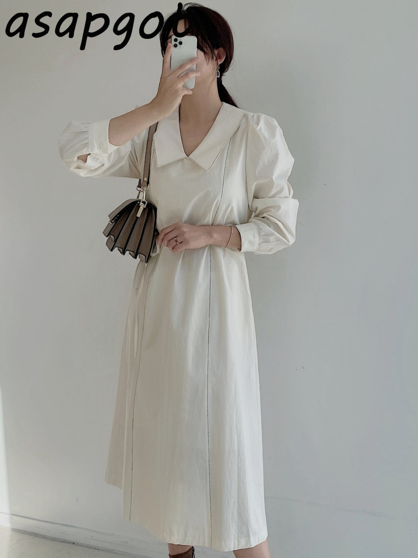 Dress Elegant Temperament Minimalist Spring Puff Full Sleeve Big Lapel Women Lace Up Waist Slim Vestido De Mujer 210429