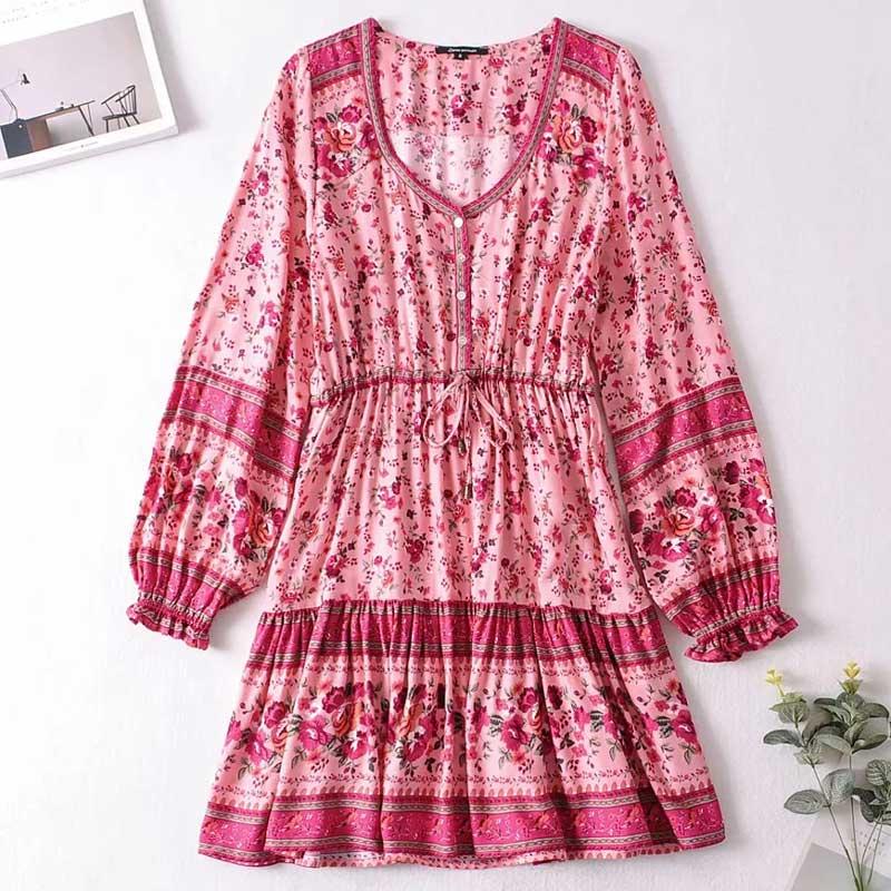 GypsyLady Boho Floral Print Mini Dress Holiday Vintage Dresses Women Autumn Button Front Chic Ladies Spring Casual