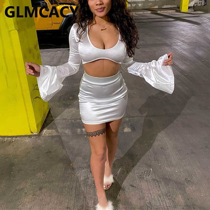 Two Pieces Sets Women Plunge Neck Flare Sleeves Top & Bodycon Skirts 210702