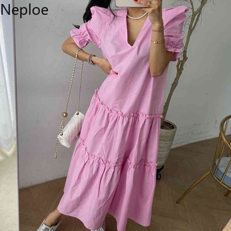 Neploe Fashion Ruffle Dress Women Puff Sleeve V Neck Casual Summer Vestidos Mujer Korean Patchwork Pleated Plus Size Dresses 210422