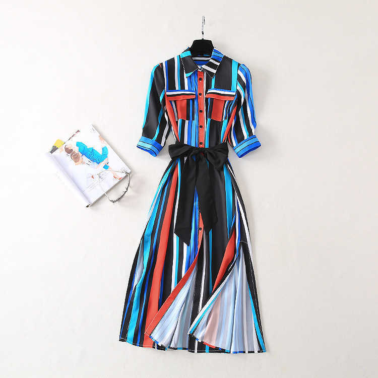 Vintage Fashion Fit and Flare Multi-Color Stripe Printed Loose-Fit Slim Slit Lace-up Bow Dresses 210615Z