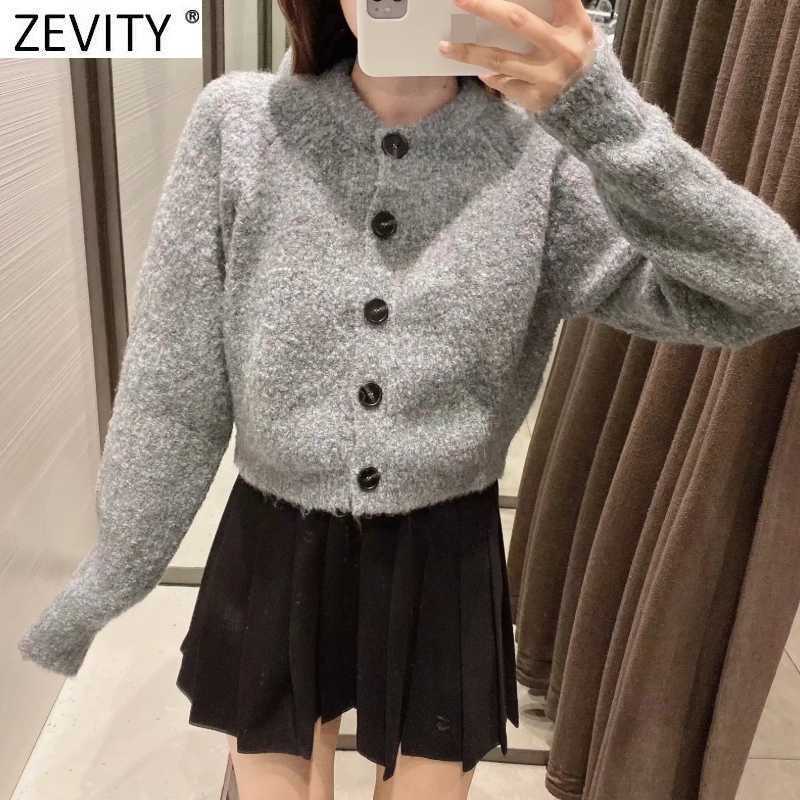 Zevity Women Simply Round Collar Single Breasted Short Knitting Sweater Femme Chic Basic Casual Slim Cardigan Coat Tops S481 210603
