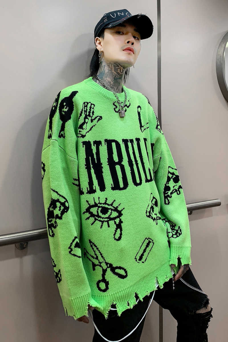 Autumn Winter Ripped Hole Punk Hip Hop Sweater Men's Red Green Color Pullover Korean Style Graffiti Jersey Hombre 211018