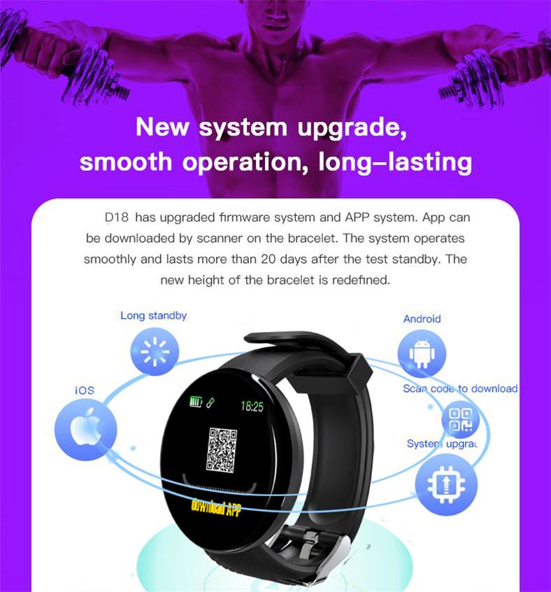 D18 Smart WristBand Watch Bracelet Waterproof Heart Rate Blood Pressure Color Screen Sport Tracker Smartband Pedometer for IOS Android