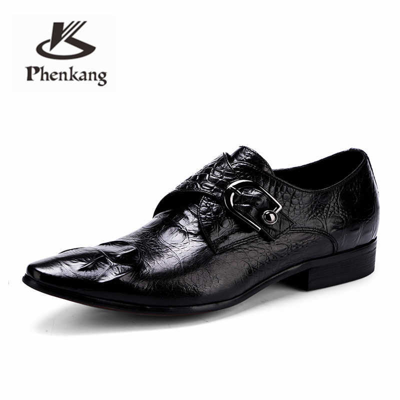 Phenkang mens formal shoes genuine leather ox shoes for men black dress wedding shoes laces leather brogues 210624