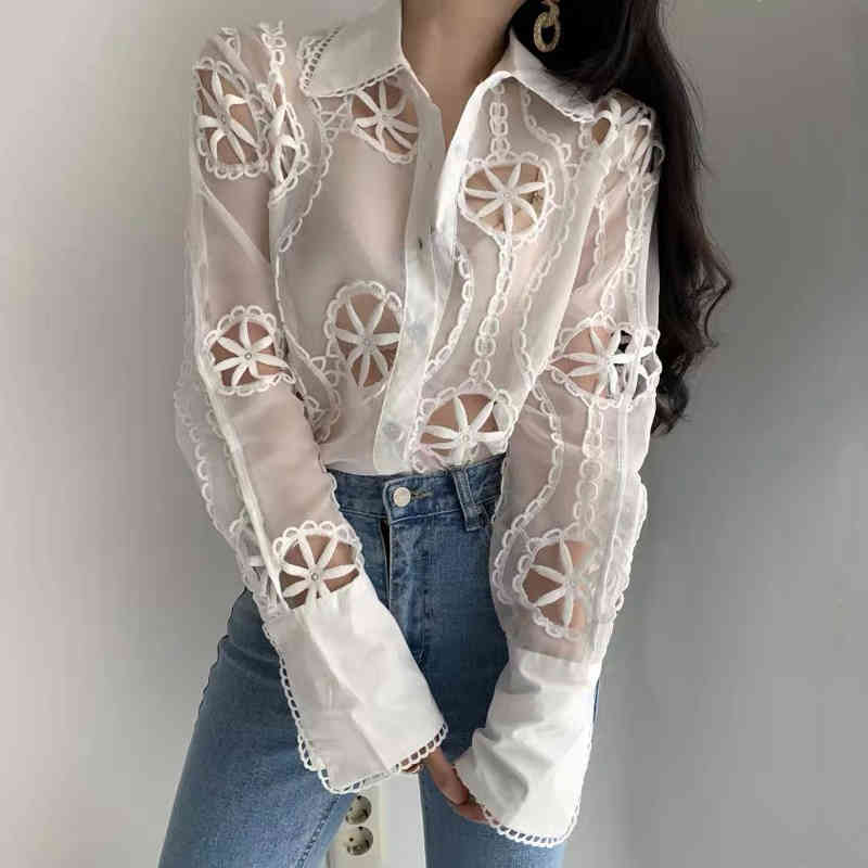 Lady Sexy See Through Long Sleeve Loose White Blouse Tops High Quality Hollow Out Floral Embroidery Elegant Shirt Chic 13369 210510
