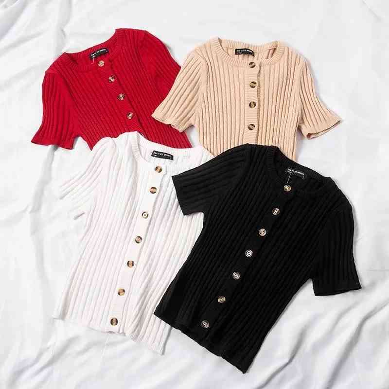 Sexy short sleeve crop cardigan women sweater vintage black white knitted fall korean winter tops 210521
