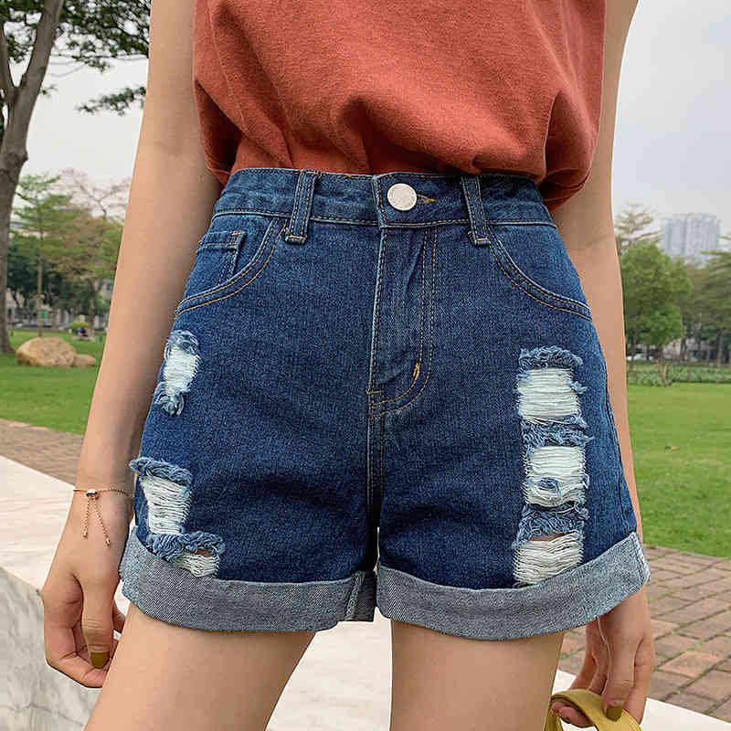 Summer Blue Vintage Casual Short Jeans Ladies High-Waist Crimping Denim Shorts Korean Hole Wild Pants Women 9354 50 210415