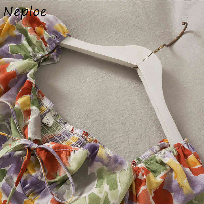 Neploe Square Collar Clavicle Exposed Sexy Blouse Women Vintage Print Slim Fit Blusas Spring Long Sleeve Shirt Femme 210510