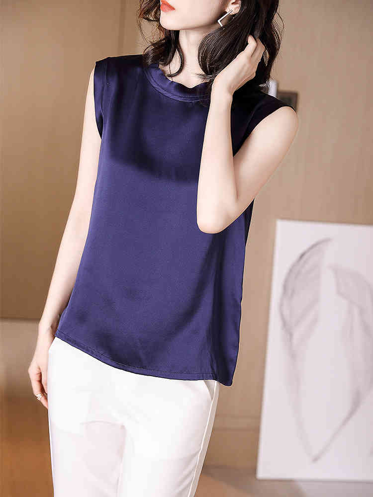 Women Summer Silk Blouse Sleeveless Office Work Wear Casual Elegant Blouses Ladies Loose Shirt Tops Blusas 210519