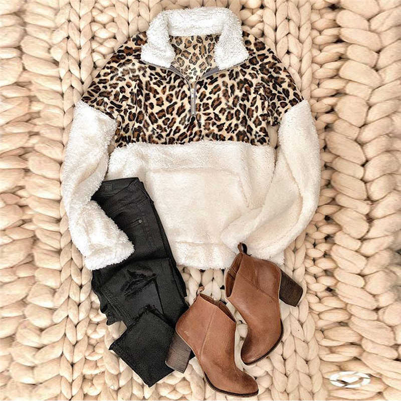 Leopard Patchwork Fleece Sweater: Fluffy Warm Sherpa Pullover Winter Coat