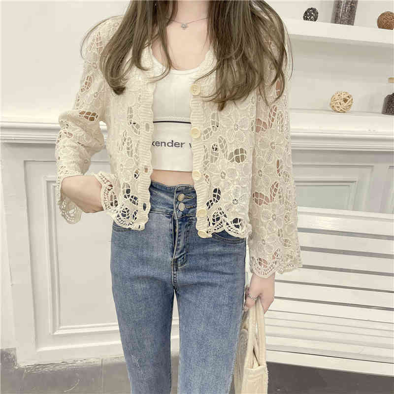 Summer Elegant Lace Blouse Crochet Tops Kimono Cardigan Women Sexy Hollow Out Beach Wear Thin Coat Blusa Mujer 210515