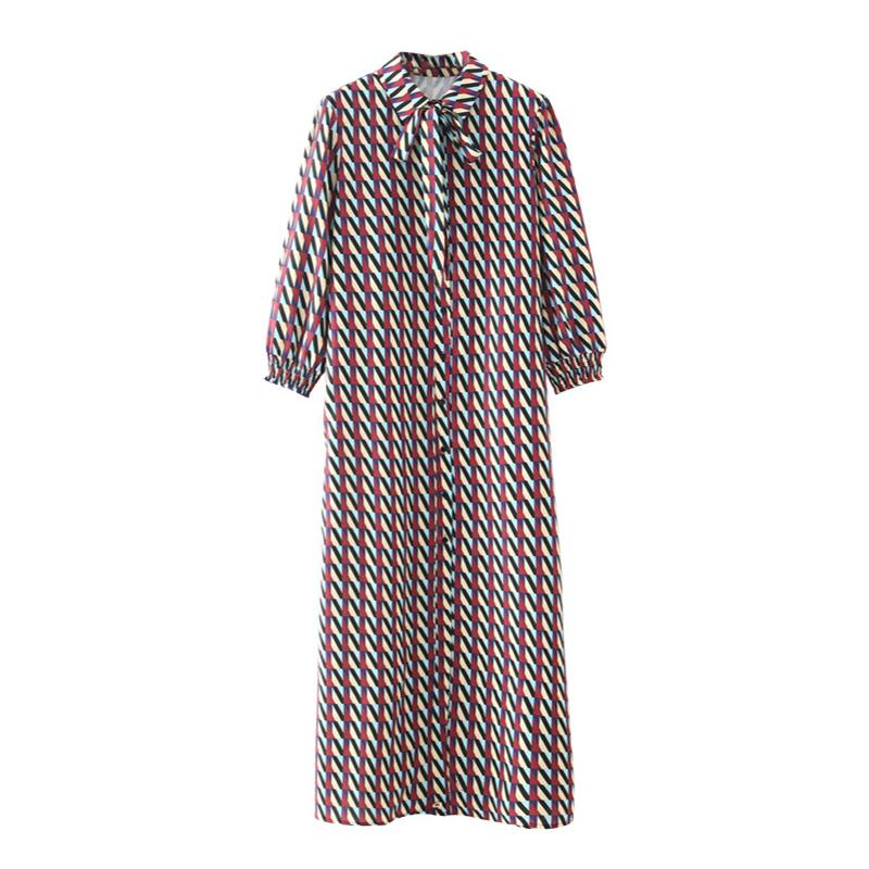 HiloRill Geometric Print Vintage Long Shirt Dress Women Office Wear Elegant Bow Tie Turn Down Collar Casual Vestido Dresses
