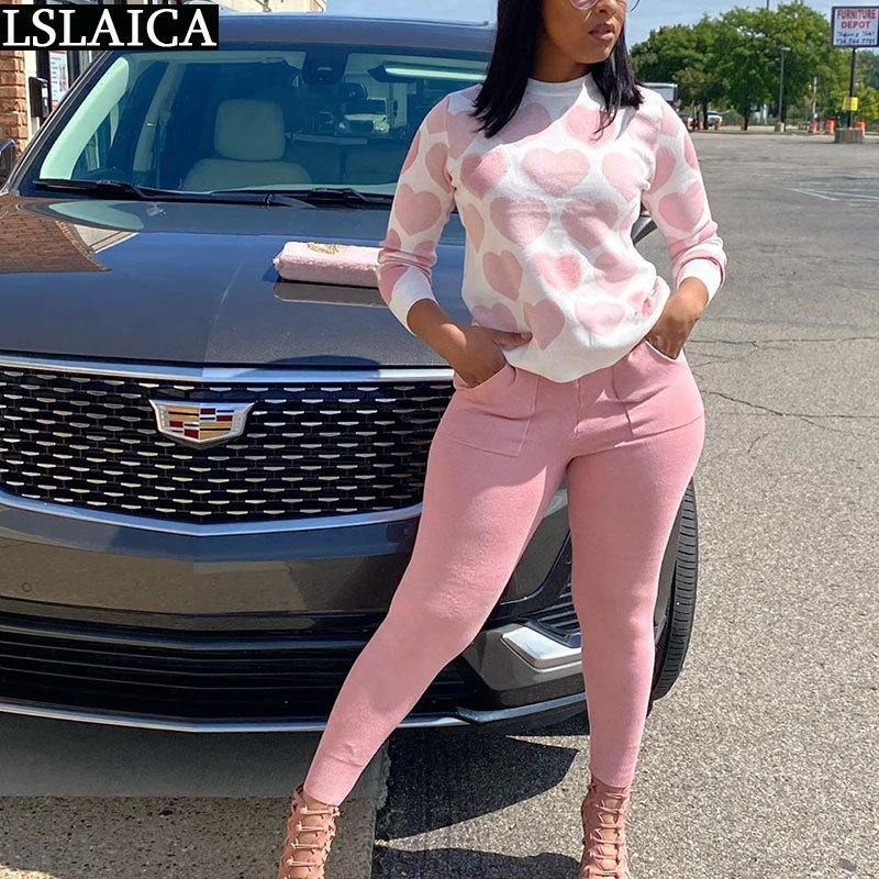 Sets Womens Outfits Heart-shaped Print Long Sleeve Tops Solid Woman Pants Two Piece Set Casual Fashion Winter Clothes Women 210520