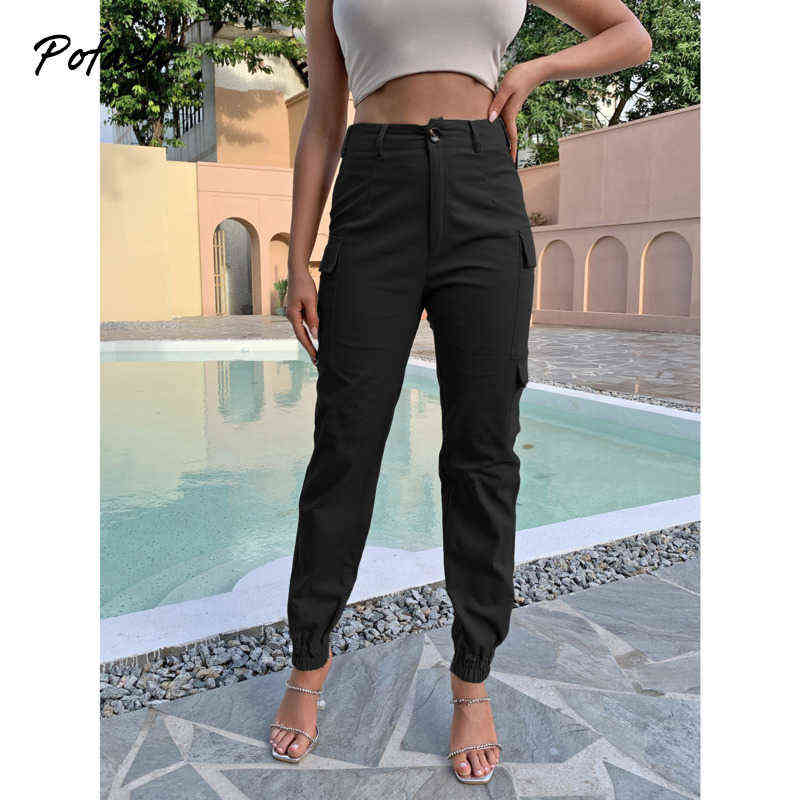 Pofash Solid Black Flap Pocket Cargo Pant Clothing Mid Waist Autumn Long Pencil Mujer Slim Zipper Casual Trousers 211124