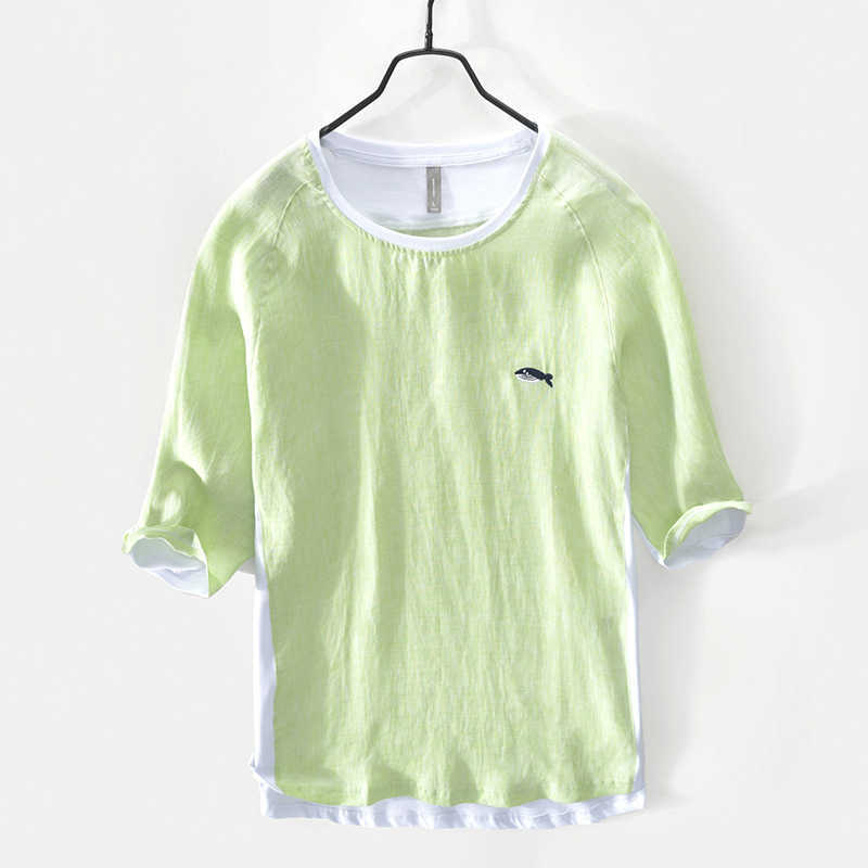 Summer Cotton Linen Patchwork T Shirt For Men Chest Little Whale Embroidery Fashion Short Sleeve Tshirt Loose Tee&Tops 210721