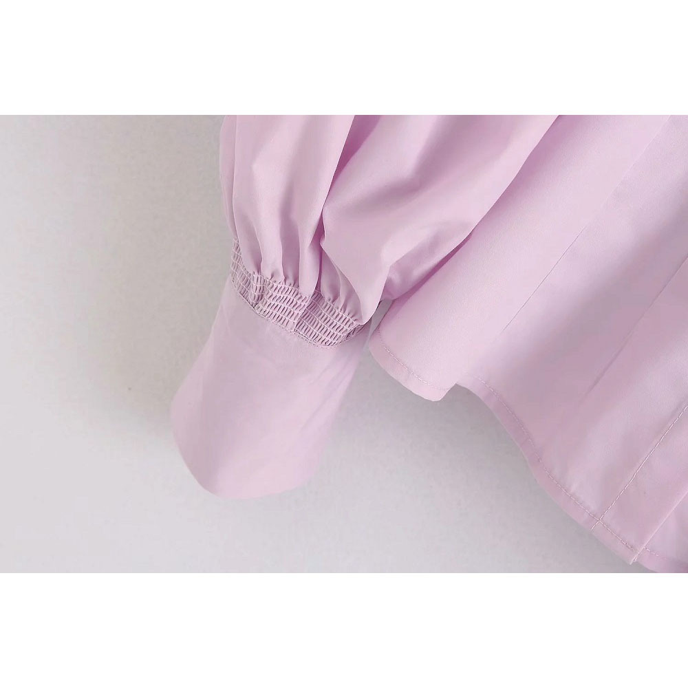 Stylish Chic Light Purple Ruched Sleeve Poplin Blouses Women Fashion Turn-down Collar Tops Elegant Ladies Buttons Shirts 210520