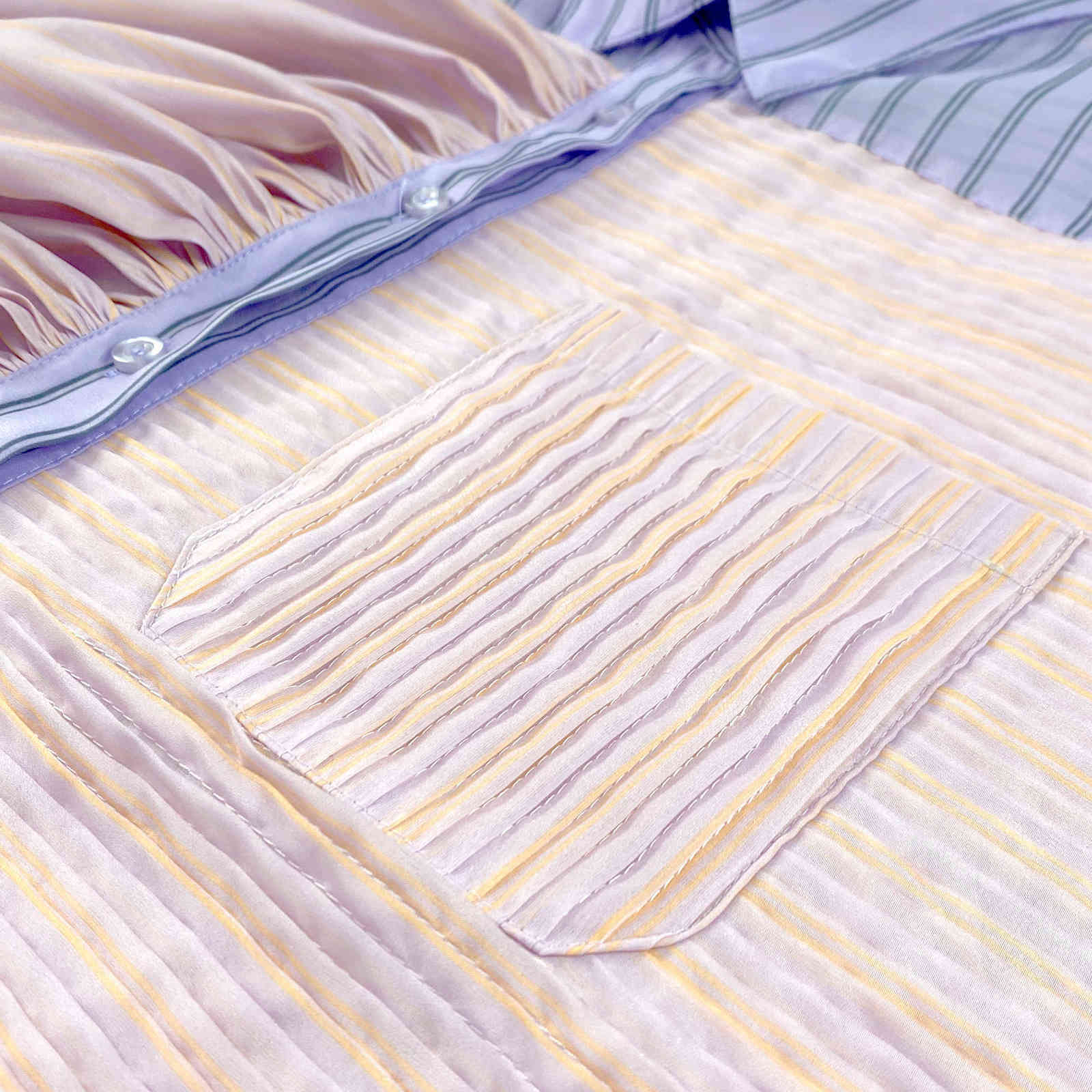 VANOVICH Spring Summer Fashion Three-dimensional Lotus Leaf Lace Stitching Contrast Striped Long Sleeve Blouse Women 210615Z