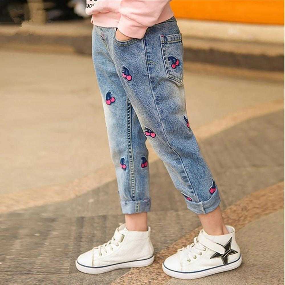 Spring and Summer Autumn Cherry Embroidered Jeans for Kid Bottoms Girl Kids Clothes 210528