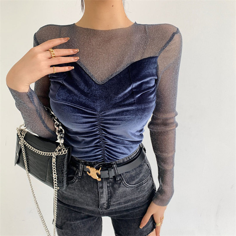Arrival Patchwork Full Sleeves Lace Autumn Velvet Large Size Women Sexy Female Basic Brief Tops T-shirt 210421